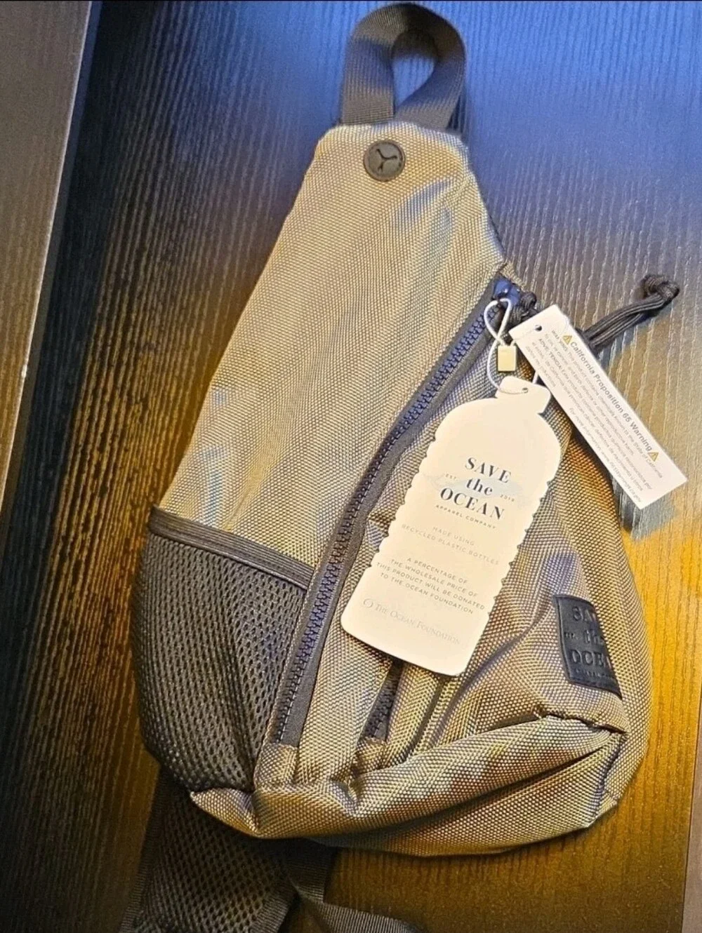 SAVE THE OCEAN Olive Green Sustainable Sling Bag - Travel Crossbody NWT - Picture 1 of 7